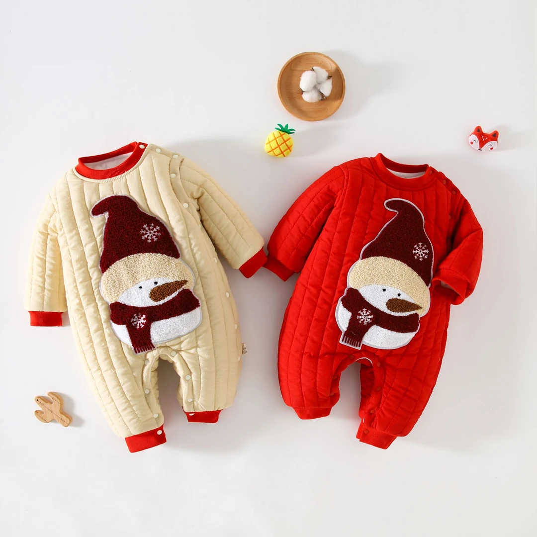 雪人侧开扣夹棉连体衣宝宝婴儿无骨加厚保暖连身衣冬款男宝女宝