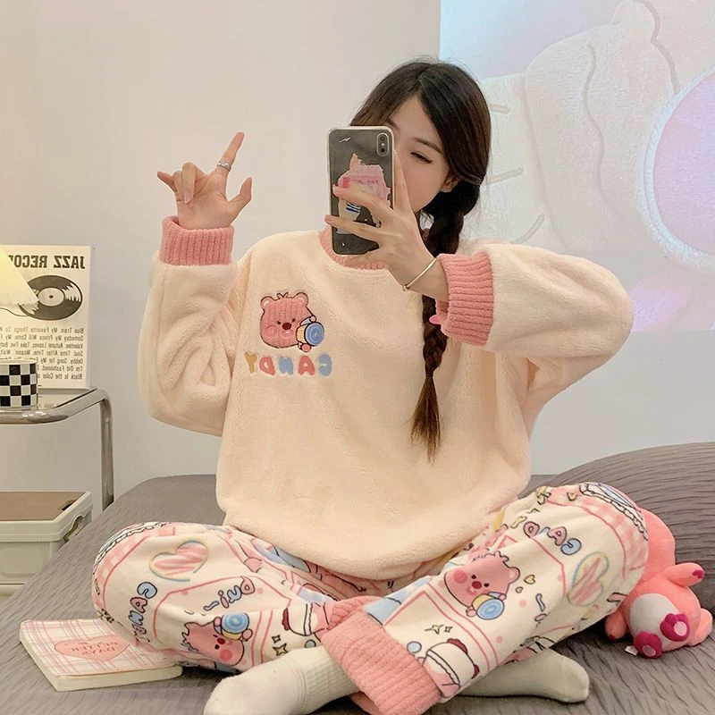 日系ins风睡衣女冬季新款可爱KT猫珊瑚绒套头保暖家居服休闲套装