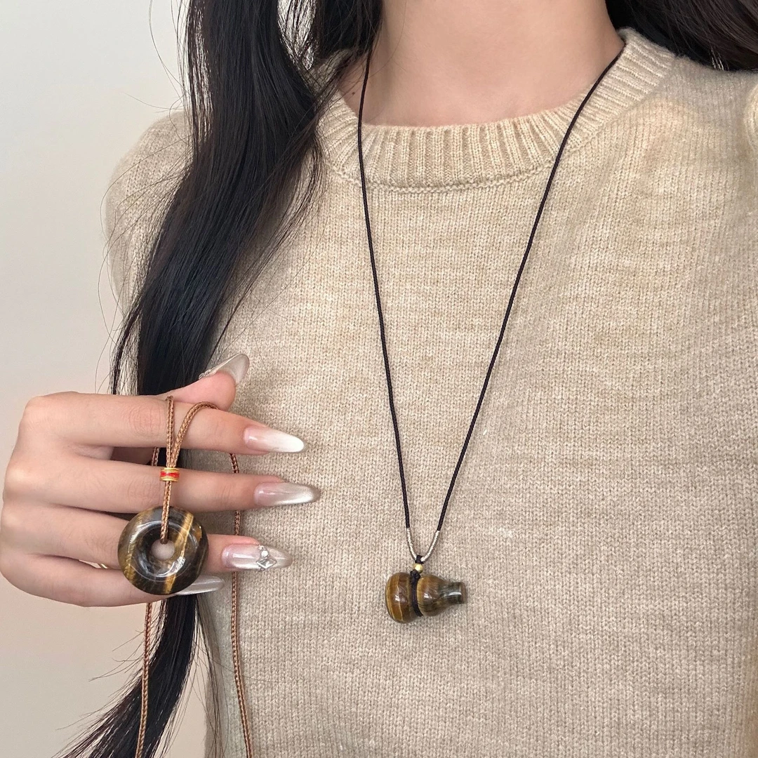 非金属棉绳项链 虎眼石葫芦平安扣吊坠项链新中式轻奢高级感毛衣