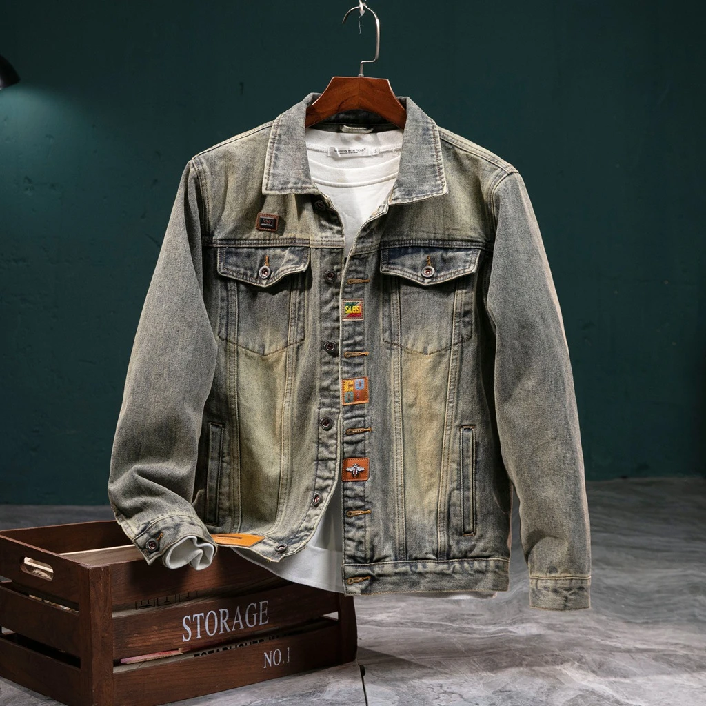 春秋季美式复古牛仔外套男韩版修身潮流帅气欧美贴标机车休闲夹克