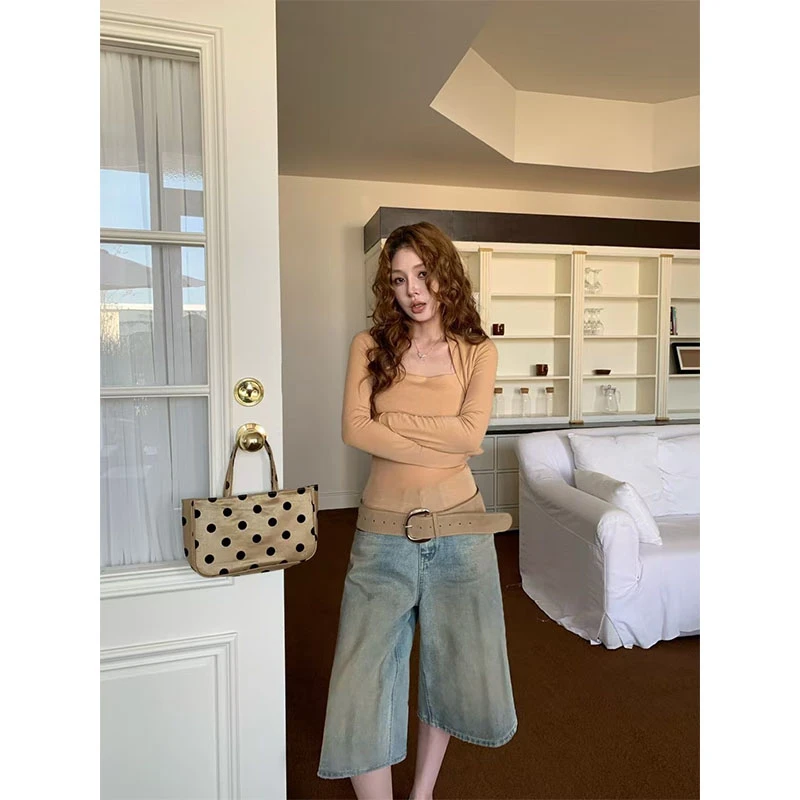 2025秋季韩系气质纯欲风方领长袖T恤女修身显瘦上衣休闲简约裤子