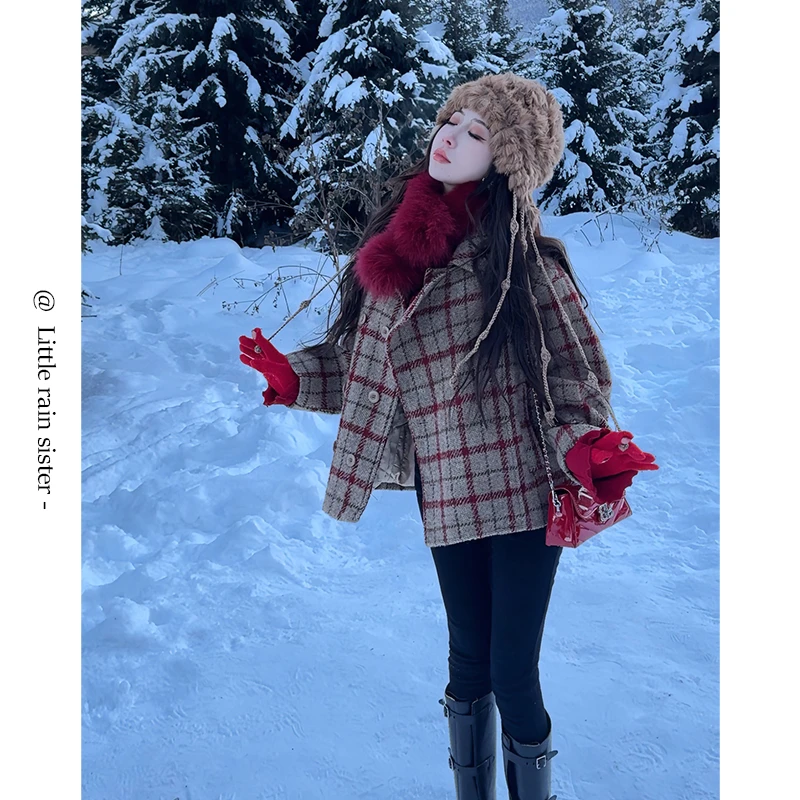 小雨姐姐新款【库木格外套】英伦风翻领短款加腰带格子外套新款