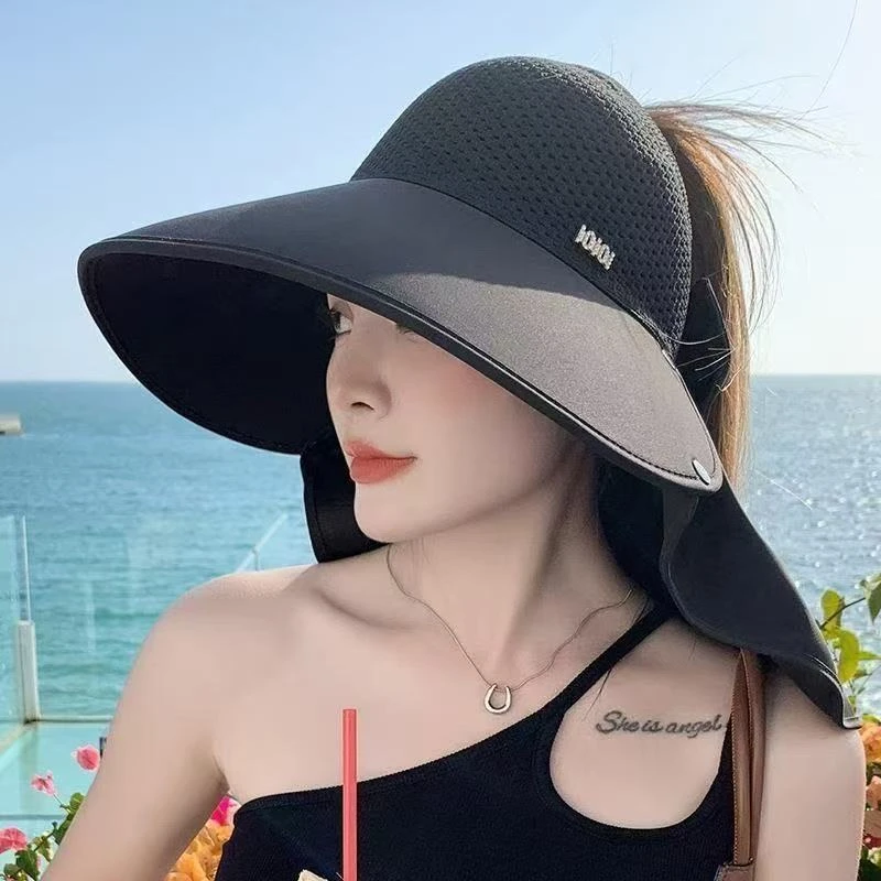 网红夏季韩版针织半空顶防晒帽时尚百搭护颈披肩防紫外线沙滩帽