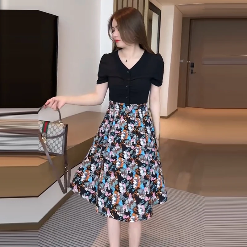 碎花假两件连衣裙女2023夏季新款洋气质显瘦遮肚中长款A字裙子潮