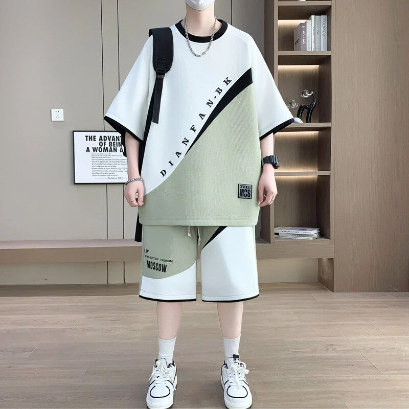 夏季新款套装T恤男青少年男生韩版休闲短裤套装学生潮流帅气宽松