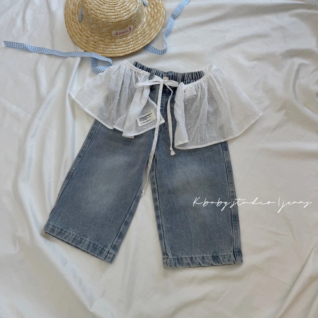 现货 kb6684 |【浅系】春季儿童 女孩子的牛仔裤 带小屁帘的哦！！