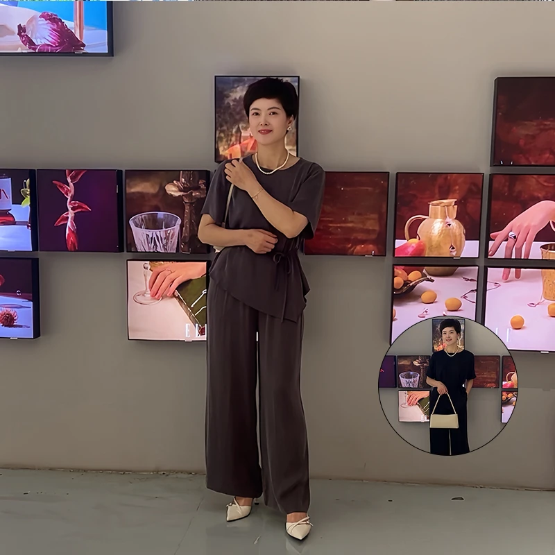 休闲风时尚套装夏季裤子上衣气质短袖高智淡人风纯色轻熟风显瘦