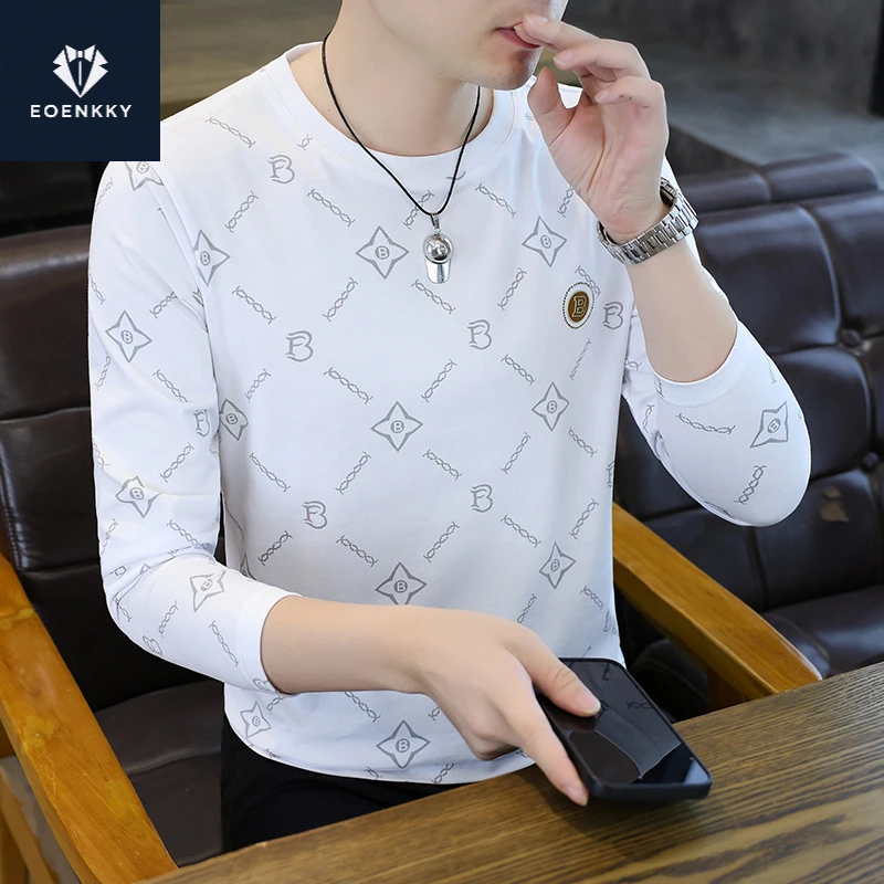 EOENKKY春秋季卫衣男士长袖圆领印花时尚百搭休闲上衣打底衫男装
