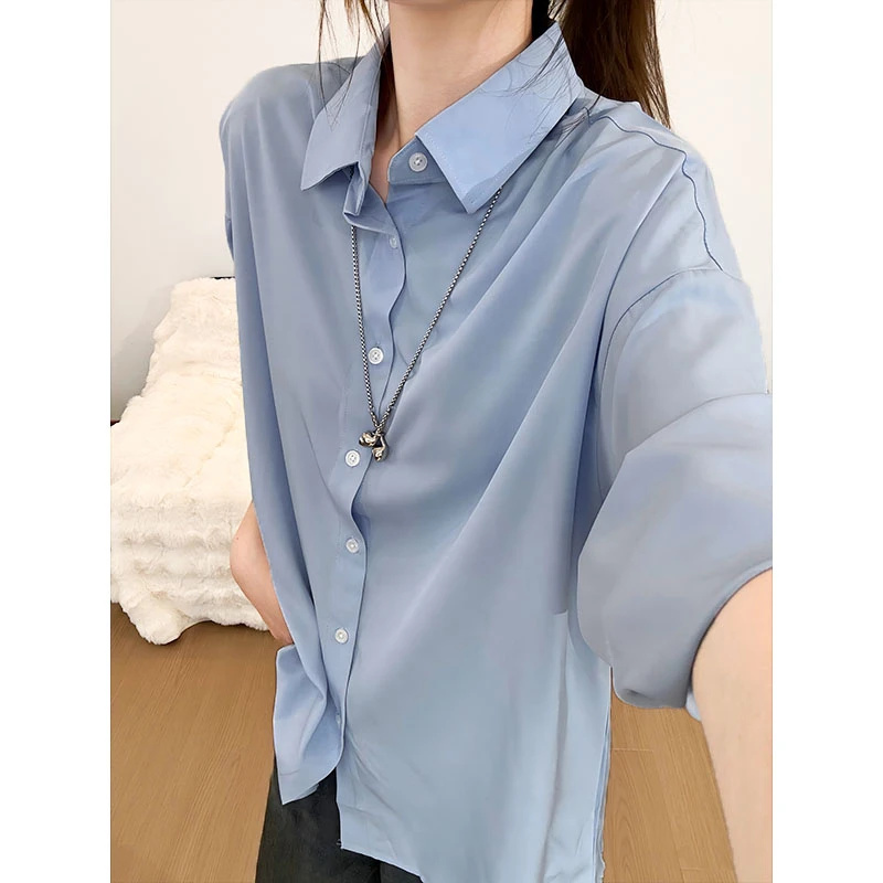 天蓝色衬衫男长袖痞帅高级垂感浅蓝色系男生秋季穿搭内搭衬衣外套