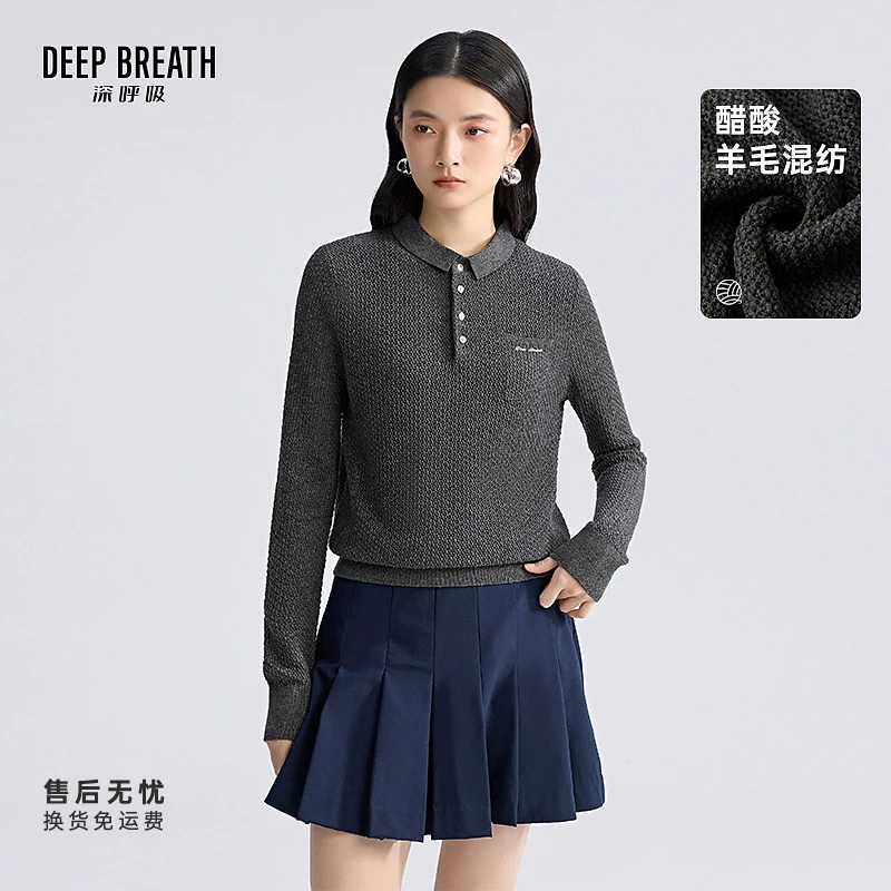 DEEP BREATH深呼吸女装小POLO领纽扣口袋刺绣长袖针织衫A301761