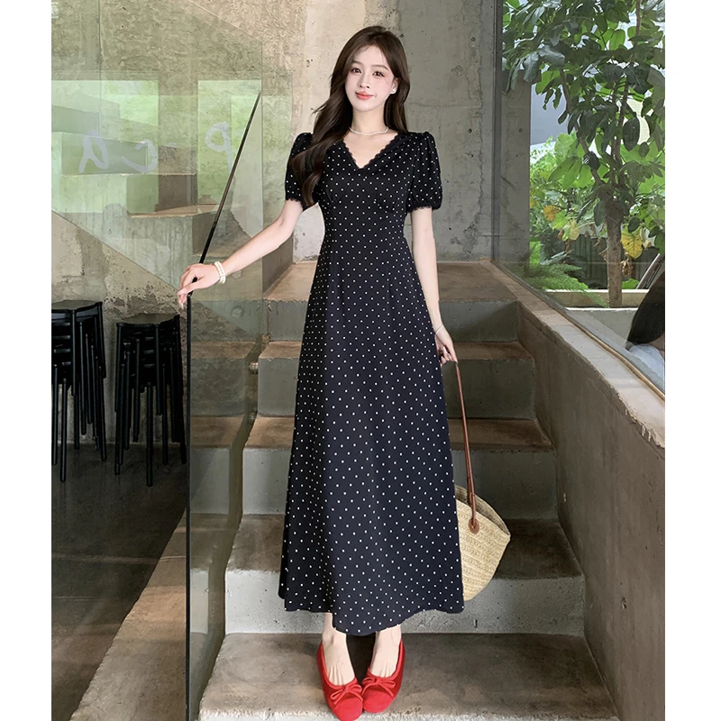 夏装新款胖mm大码女优雅蕾丝花边泡泡袖波点收腰连衣裙女