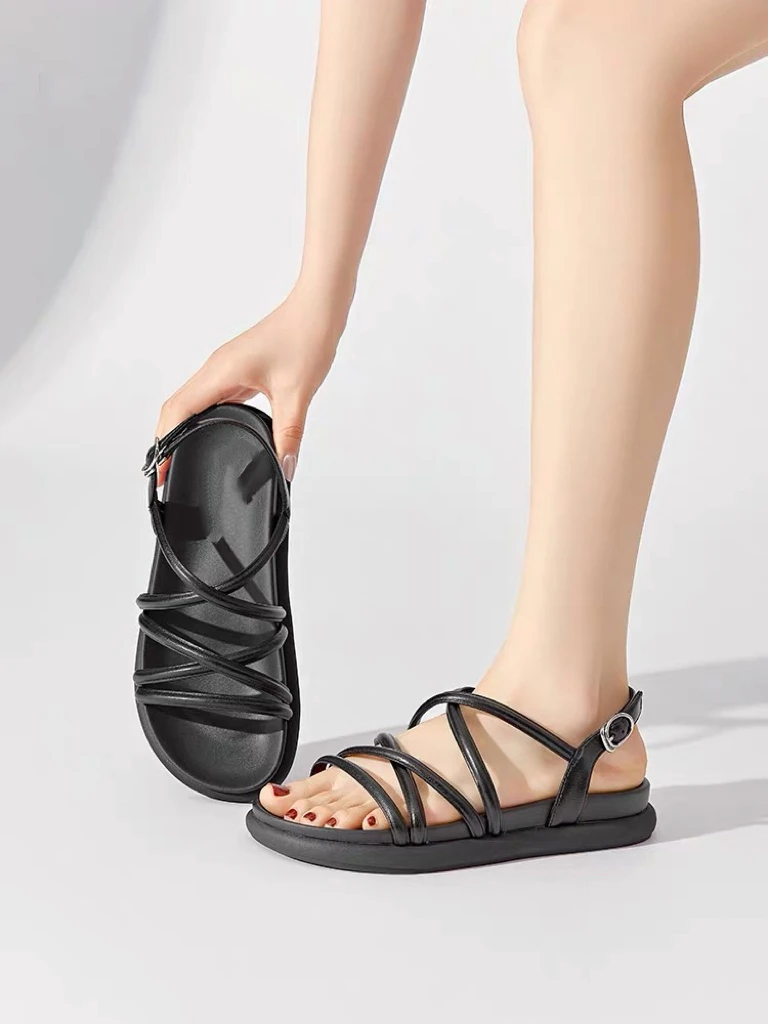 绑带凉鞋女鞋1201夏季新款时尚平底低跟一字扣带罗马风鞋X