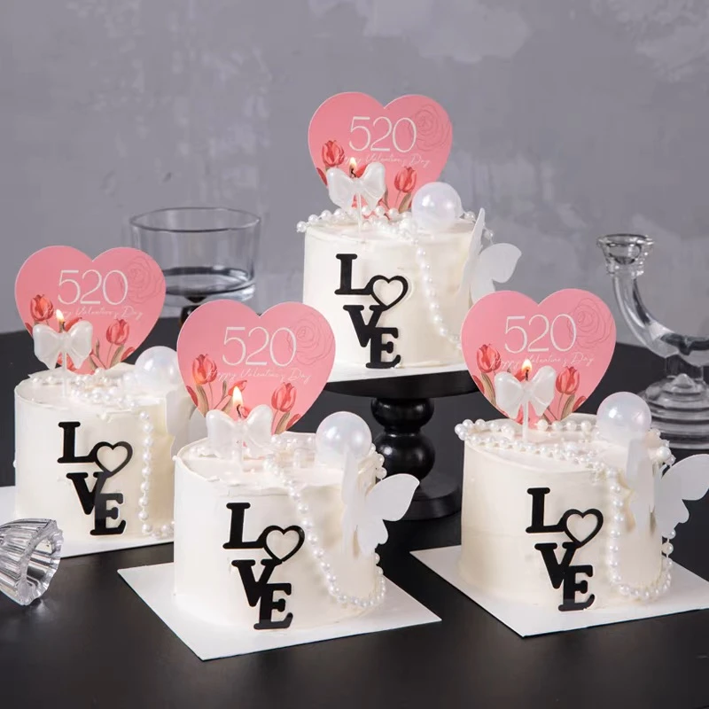 520情人节爱心郁金香卡片蛋糕装饰插牌love亚克力珍珠链情侣插件