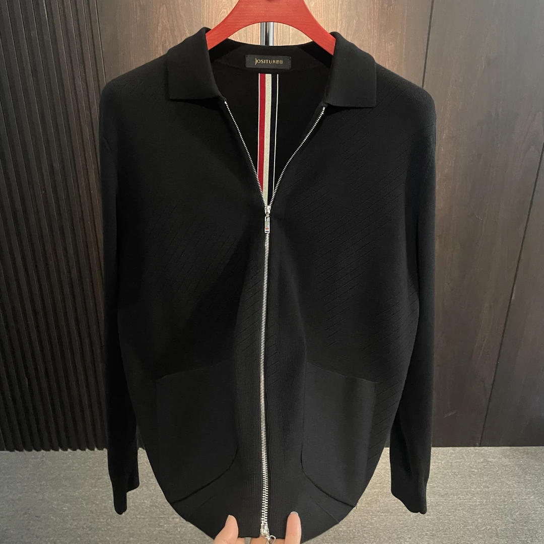 2025秋冬商务翻领拉链男士休闲针织夹克黑色男款秋季外套上衣