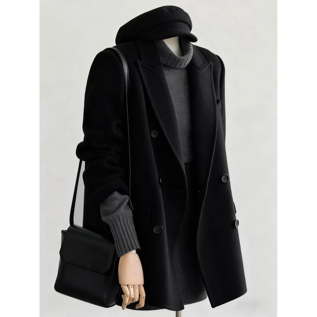 黑色双排扣西装毛呢大衣女装今年秋季高级感短款加厚保暖呢子外套