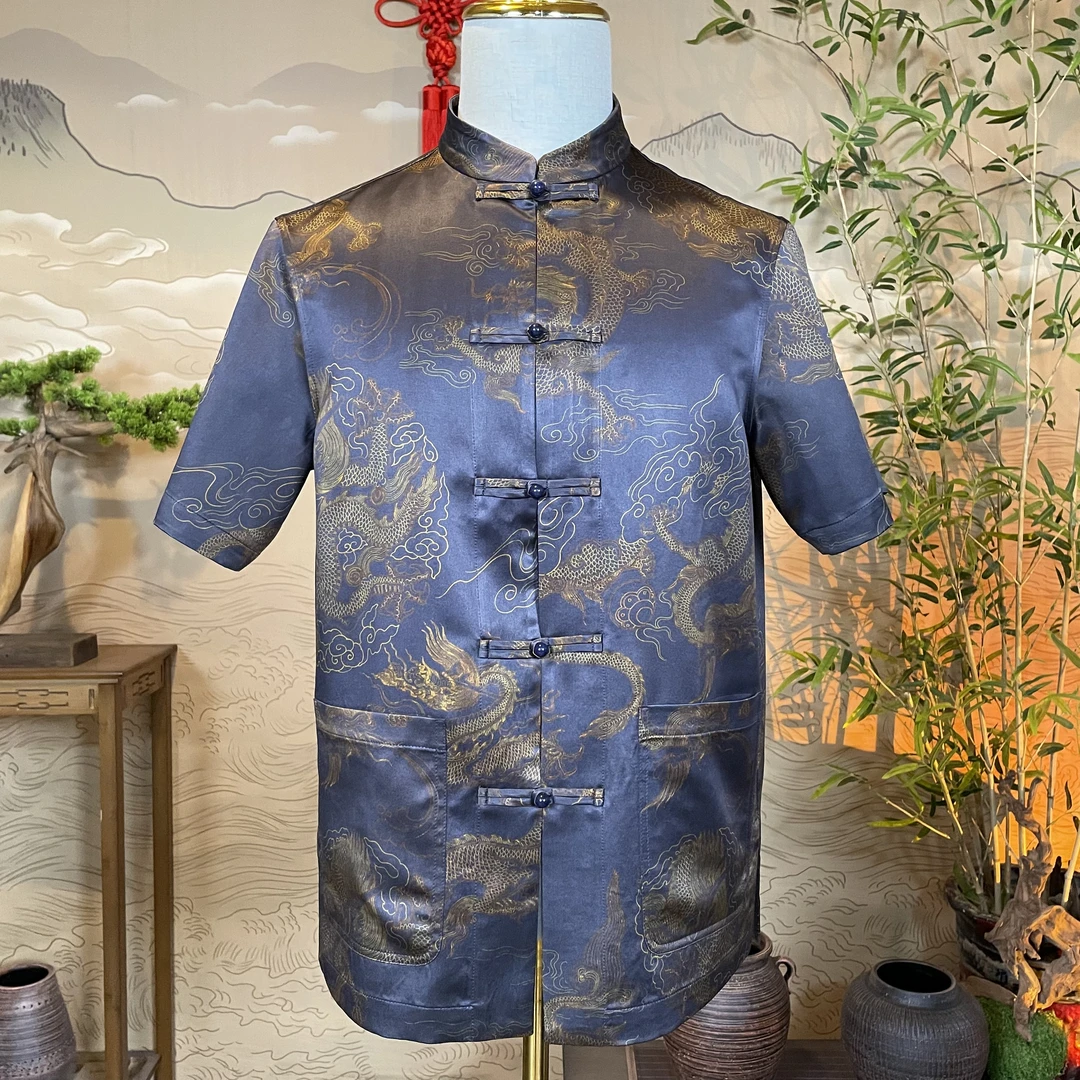 馨蕴古玥 新款香云纱重锻黛紫色五爪龙男装上衣 唐装夏男士短袖