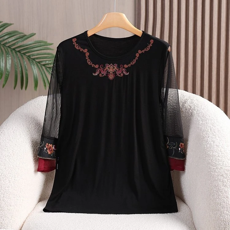 【绣衣坊】女士圆领中袖T恤打底衫拼接绣花休闲百搭上衣MHN-25-59