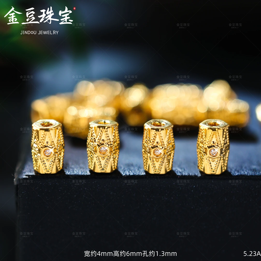 【金豆工厂】18K金镶6mm天使之眼金管隔珠棱形桶珠圆珠（厚5D金）A
