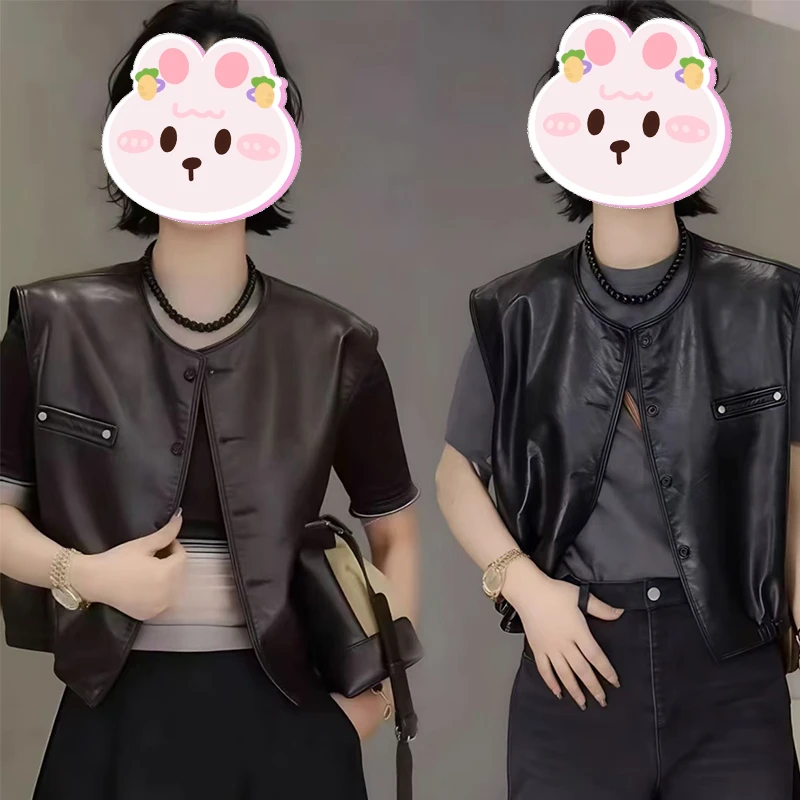 2025秋季洋气韩版时尚宽松设计感圆领无袖皮衣马甲背心外套上衣女