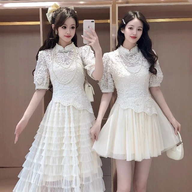 艾日秀春夏优雅新中式蕾丝水钻盘扣轻奢上衣拼接网纱吊带裙套装女