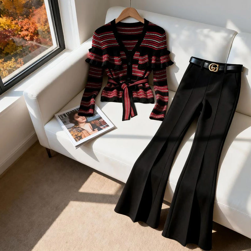 超好看撞色条纹披肩假两件针织衫女款秋季新款休闲百搭裤子两件套