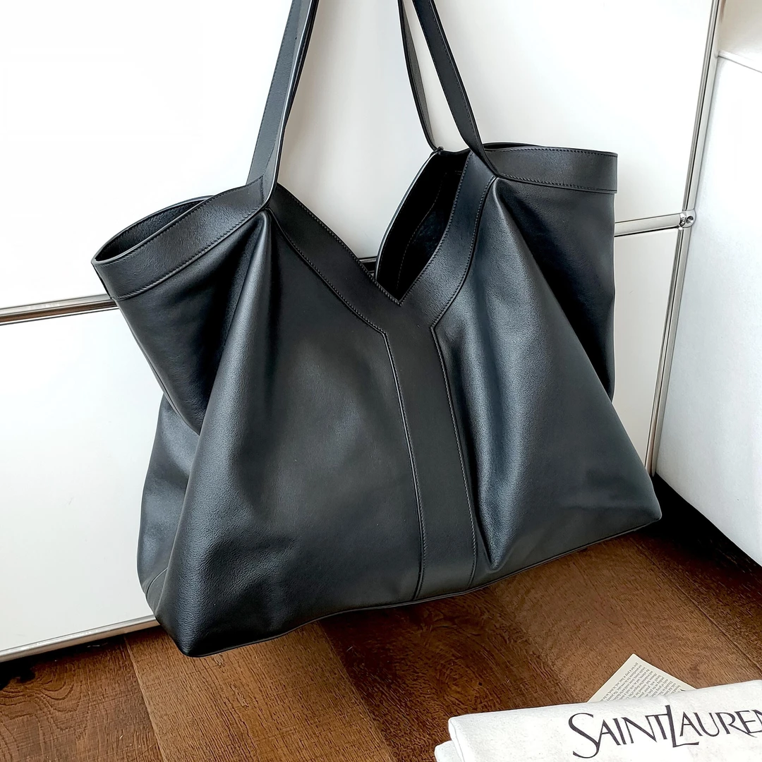 95新 YSL/圣罗兰 新款黑银牛皮Y Cabas单肩托特包49721