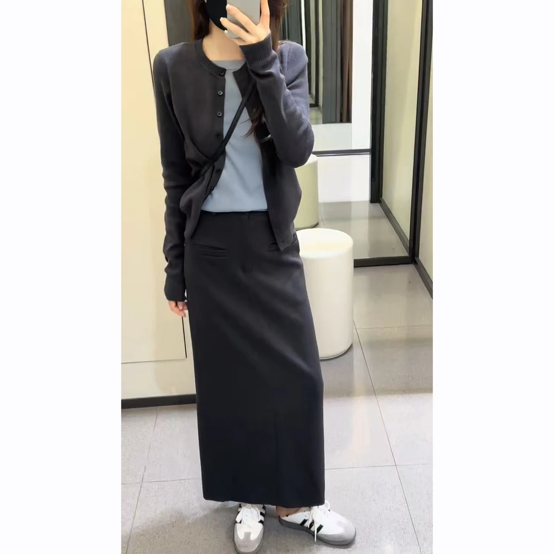 秋装搭配一整套2025新款百搭韩系撞色假两件针织上衣半身裙两件套