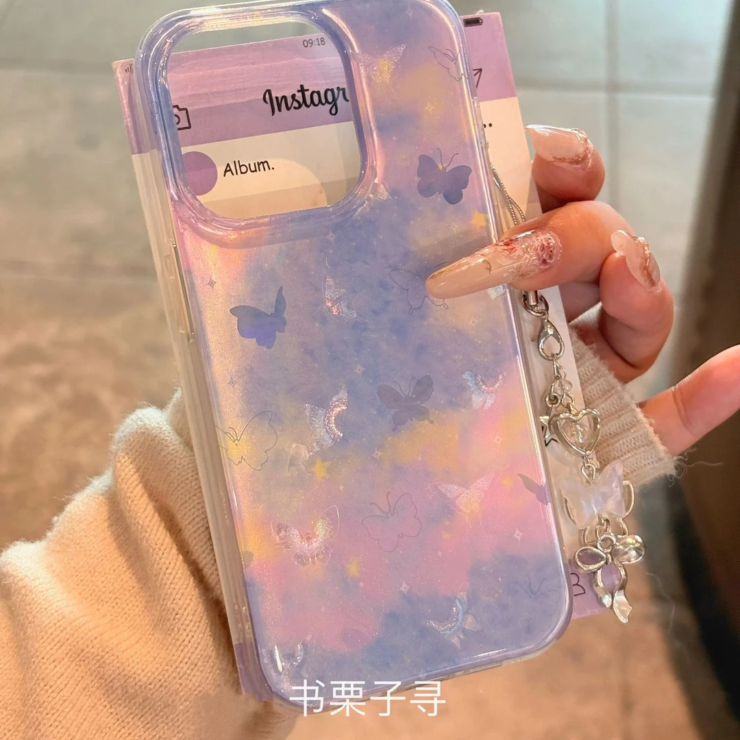 春日双层紫晕染纷飞蝴蝶适用iPhone16promax手机壳15/14/13新款女