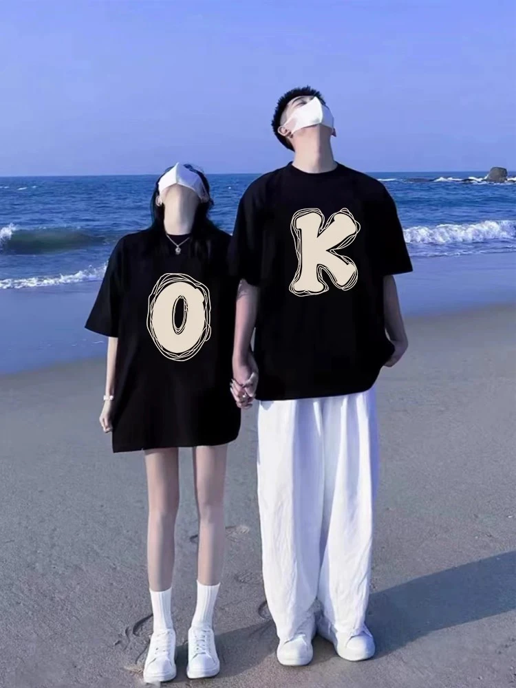 两件装超火OK情侣装纯棉重磅T恤圆领男女款情侣装夏天款一男一女