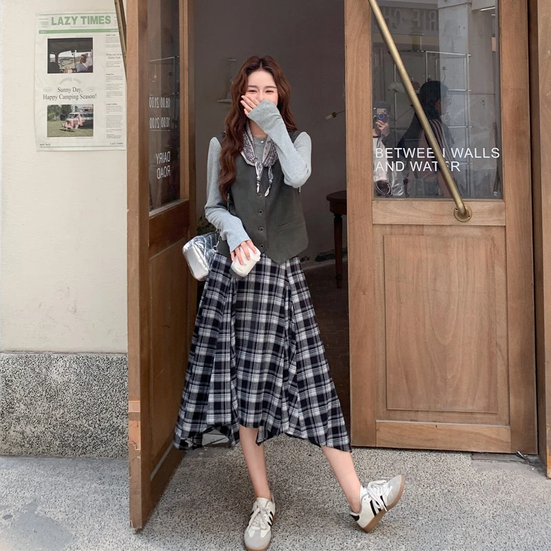 复古简约通勤风皮马甲打底衫格纹半裙2025春秋新款气质显瘦三件套