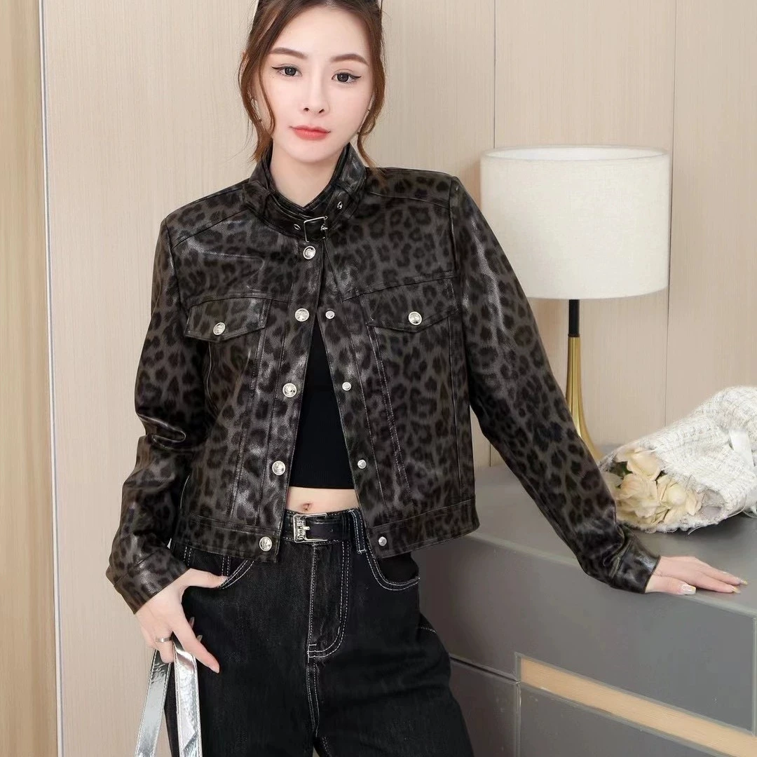豹纹短外套女小个子高级感秋季新款长袖机车豹纹夹克百搭气质上衣
