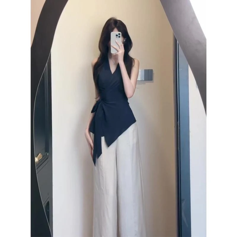 INS CEC2025夏季新款韩系穿搭V领绑带收腰无袖上衣高腰阔腿长裤