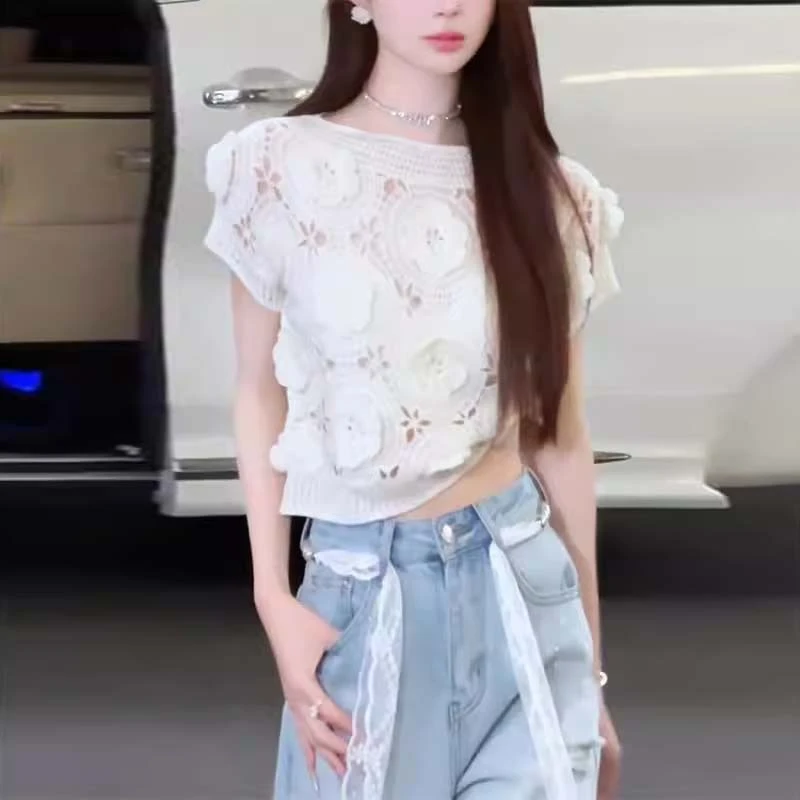 2025夏季新款女士法式纯欲上衣T恤设计感重工花朵镂空短袖针织衫