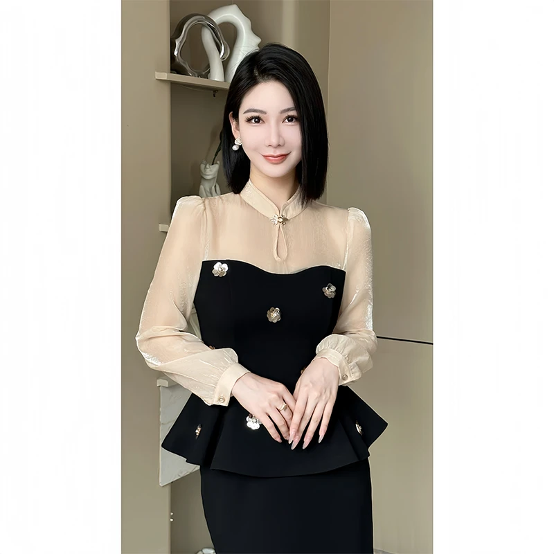 格娜新中式早秋新款盘扣纱袖拼接钉花优雅女上衣时尚撞色小众套装