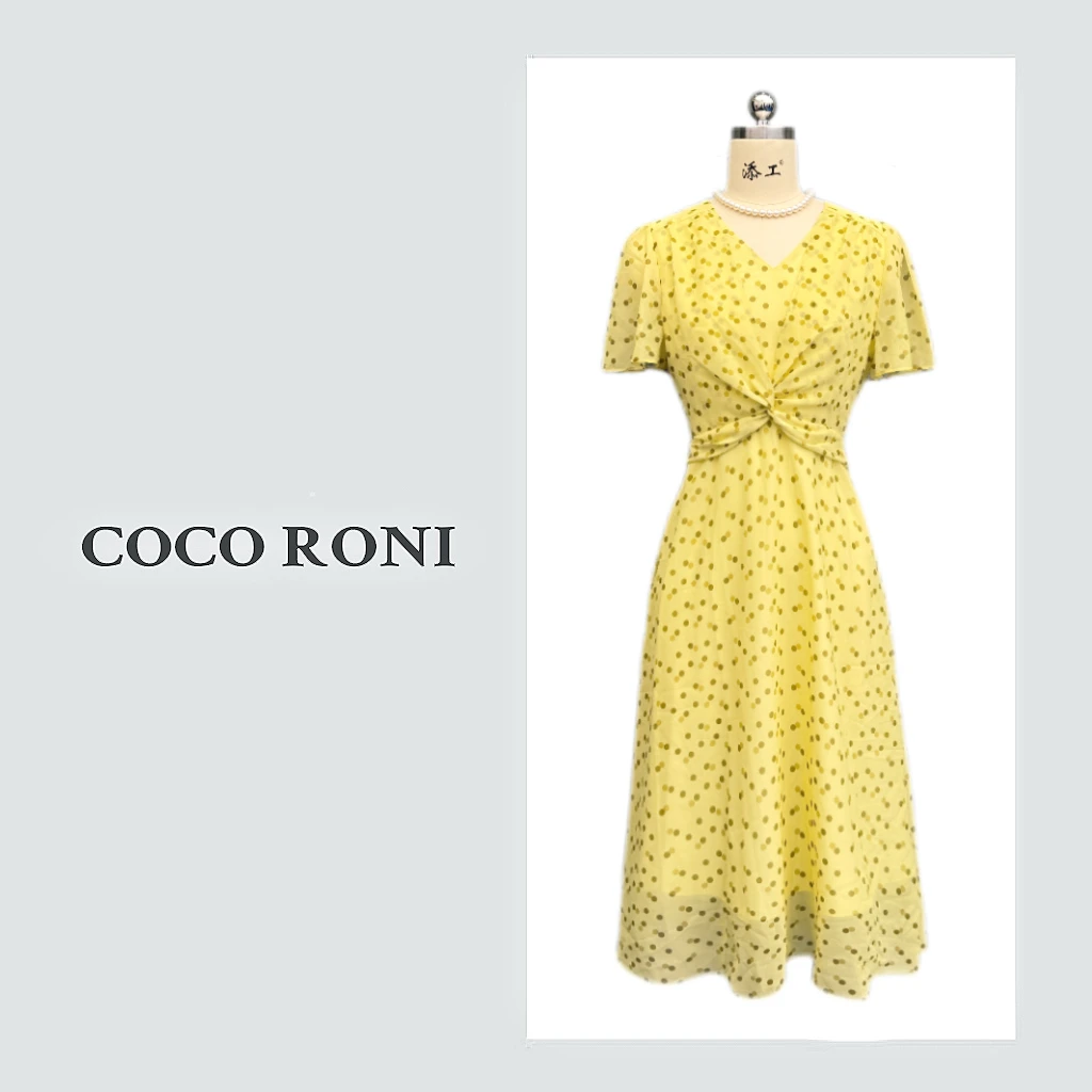 法式V领收褶黄色波点连衣裙女2025新款夏季洋气设计感