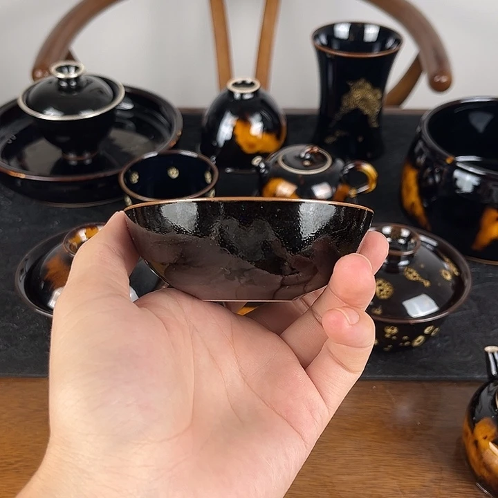 杯柴窑素黑天目普洱杯