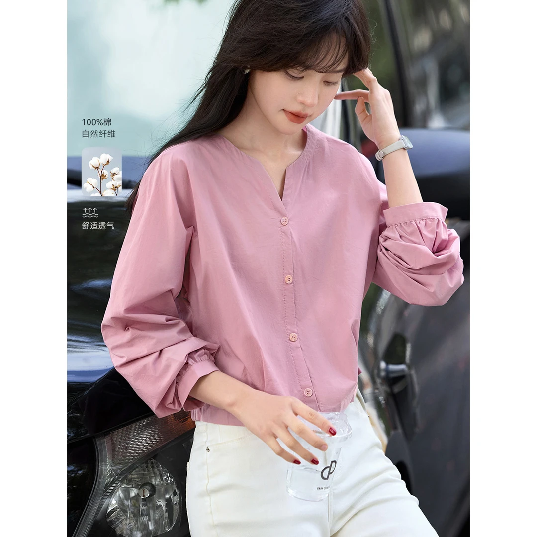 沫晗依美纯棉南法休闲衬衫2025新款上衣气质休闲V领粉色小衫5569