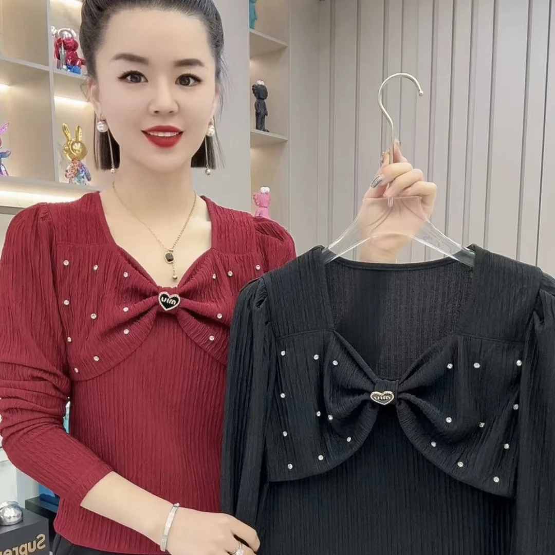 蝴蝶结蝴蝶长袖褶皱修身镶钻T恤娃娃领时尚荷叶边针织百搭