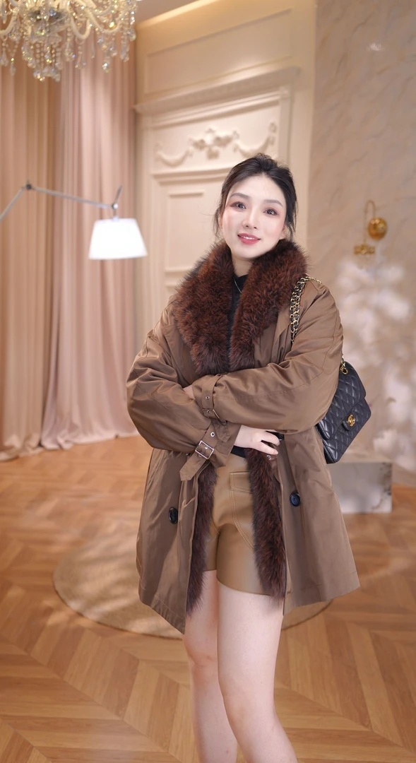 派克服女中长款翻毛领2件套可拆卸冬季新款毛毛棉服外套大衣气质