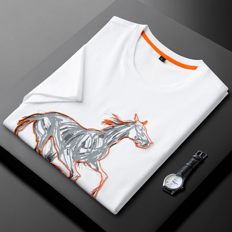 DASELUENA/达司勒娜精致小马刺绣莱赛尔圆领短袖t恤男夏薄款休闲