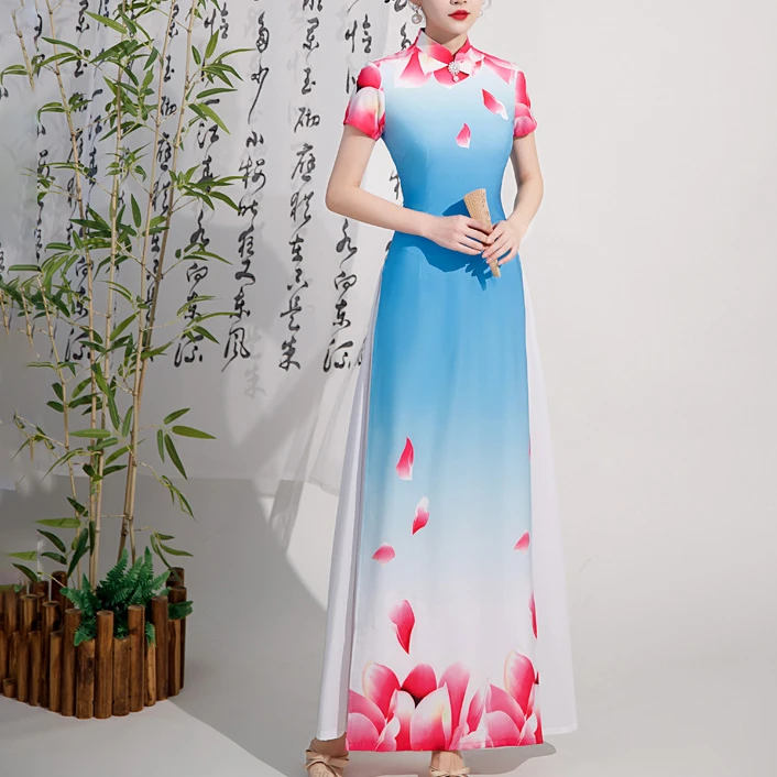 旗袍走秀演出服长款正宗形体改良中国风舞蹈连衣裙女春冬复古时尚