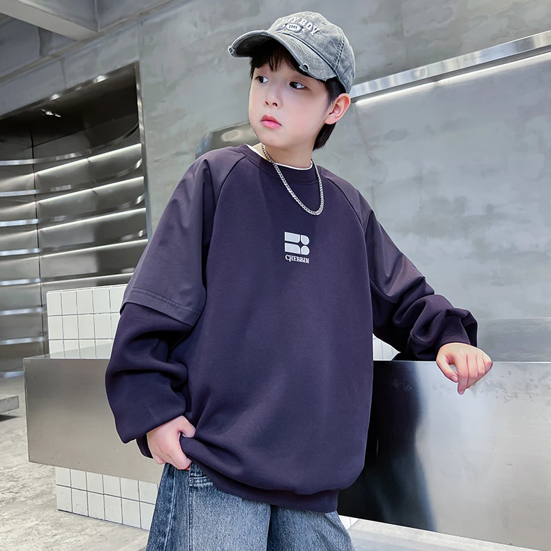 男童大码秋装卫衣假两件帅气中大童韩版洋气打底衫青少年儿童男孩