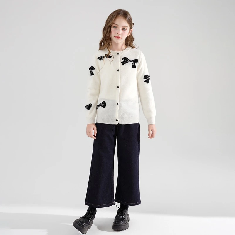 儿童纯羊毛衫开衫蝴蝶结女童中大童秋冬毛衣外套针织衫休闲百搭