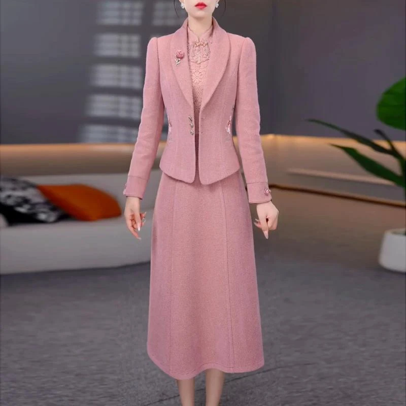 高级精纺中式显瘦改良旗袍裙子套装2025秋季新款古风两件套连衣裙