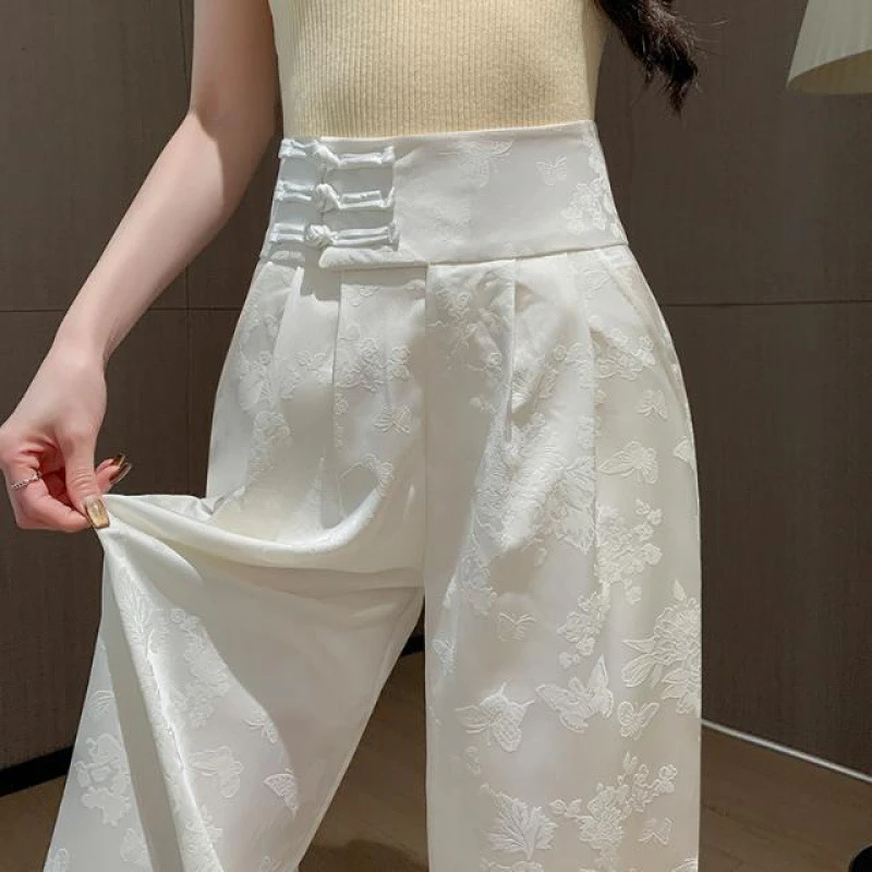 新中式缎面印花盘扣阔腿裤子女国风夏季新款小个子高腰显瘦休闲裤