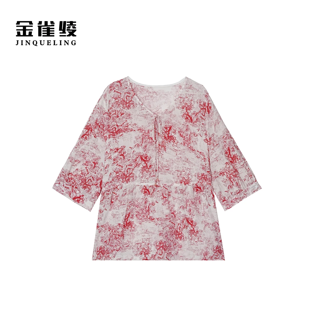 金雀绫【枫林晚】100桑蚕丝碎花气质V领亲肤加宽加大小衫SZA1S286