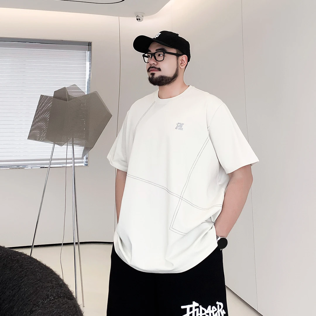 短袖男款T恤胖哥大码男装胖子夏季宽松短加肥加大纯棉明线装饰