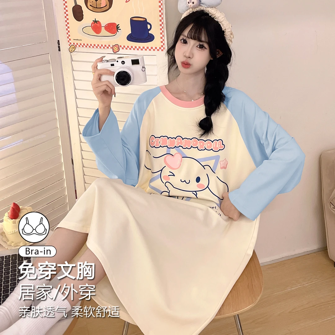 玉桂狗睡裙女款带胸垫爆款2025新款春秋长袖睡衣裙学生宿舍家居服