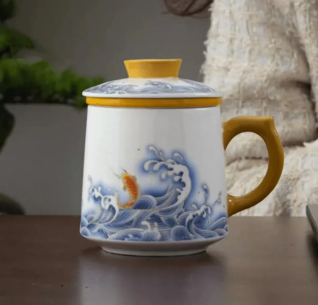 江涯海水纹鲤鱼办公室老板杯泡茶杯三件套杯+盖+茶漏