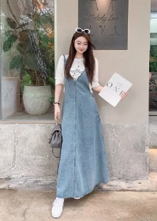【福袋】美洋MEIYANG蓝海背带裙 百搭可调节肩带V领无袖牛仔裙L
